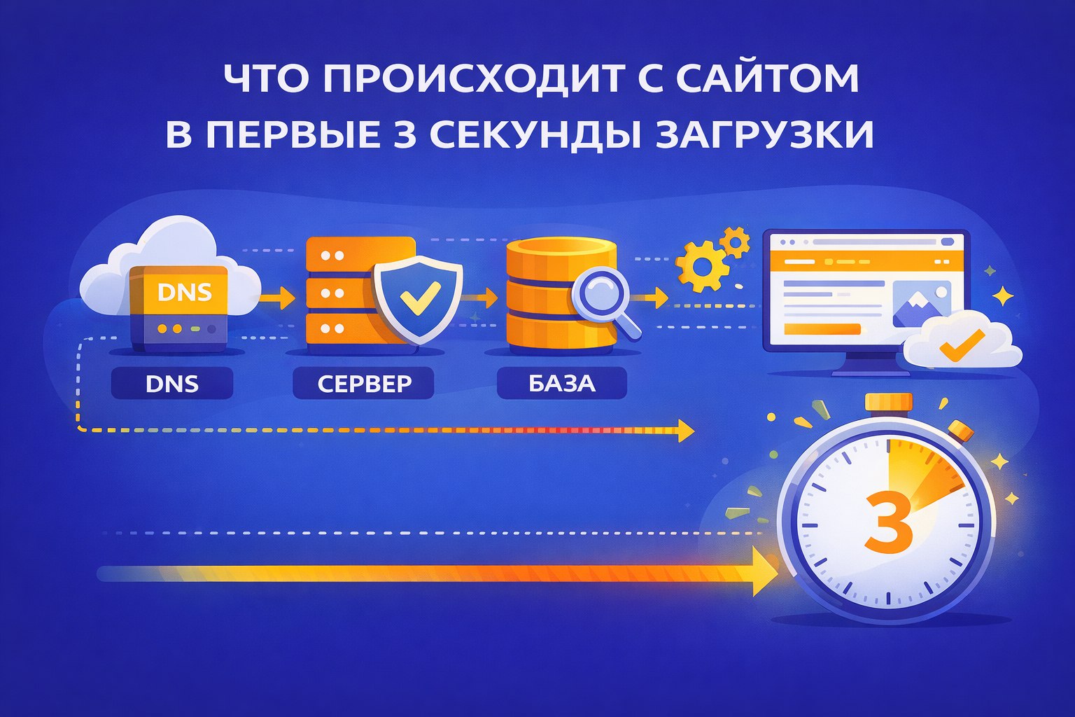 Что происходит с сайтом в первые 3 секунды загрузки – по шагам: DNS → сервер → база → рендер