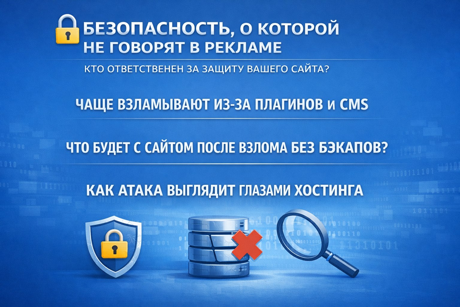 Безопасность, о которой не говорят в рекламе. Почему сайты взламывают не из-за хостинга, а из-за кода, плагинов и отсутствия бэкапов.